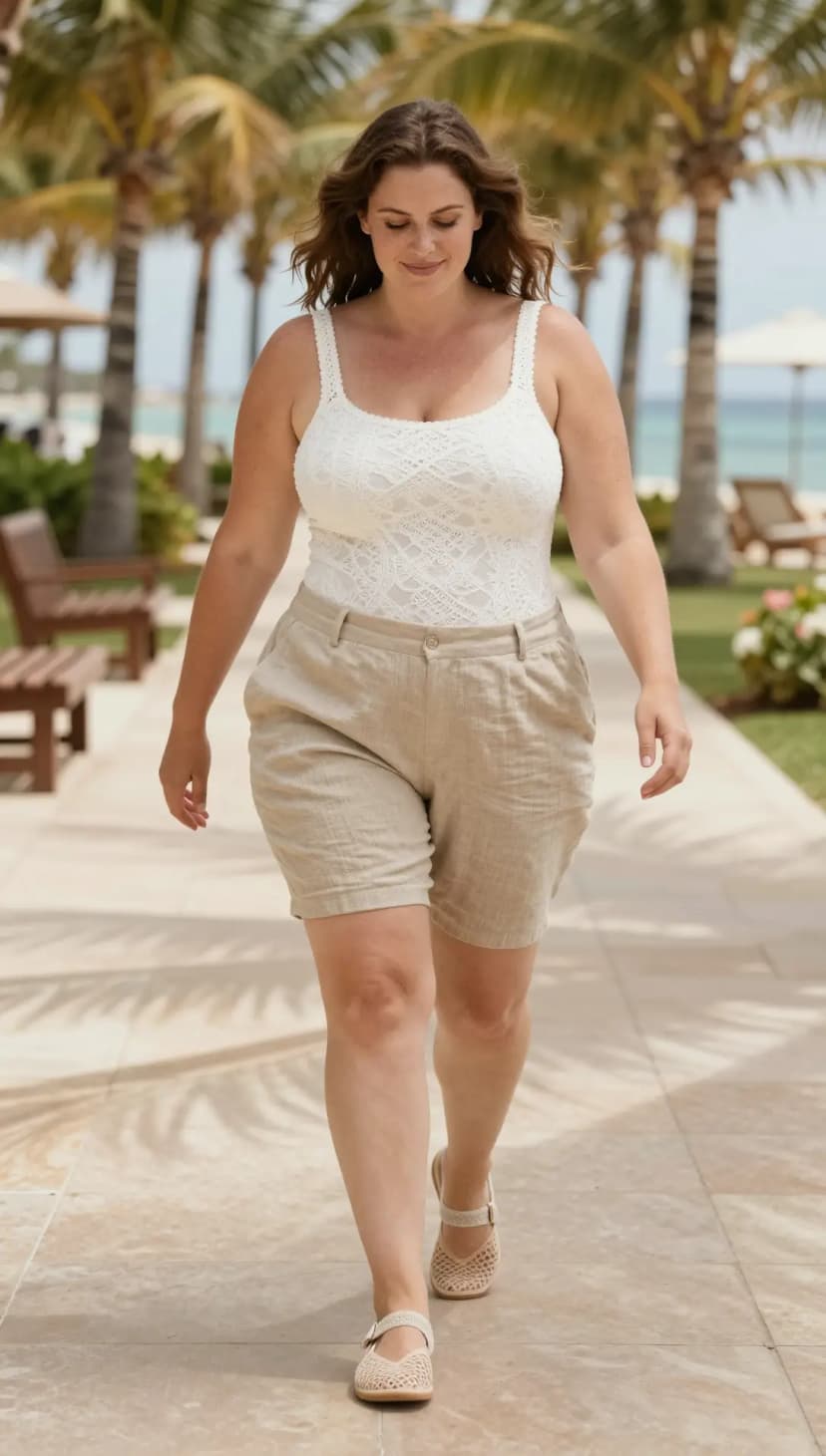 White Lace Bodysuit + Beige Linen Shorts + Nude Woven Flats