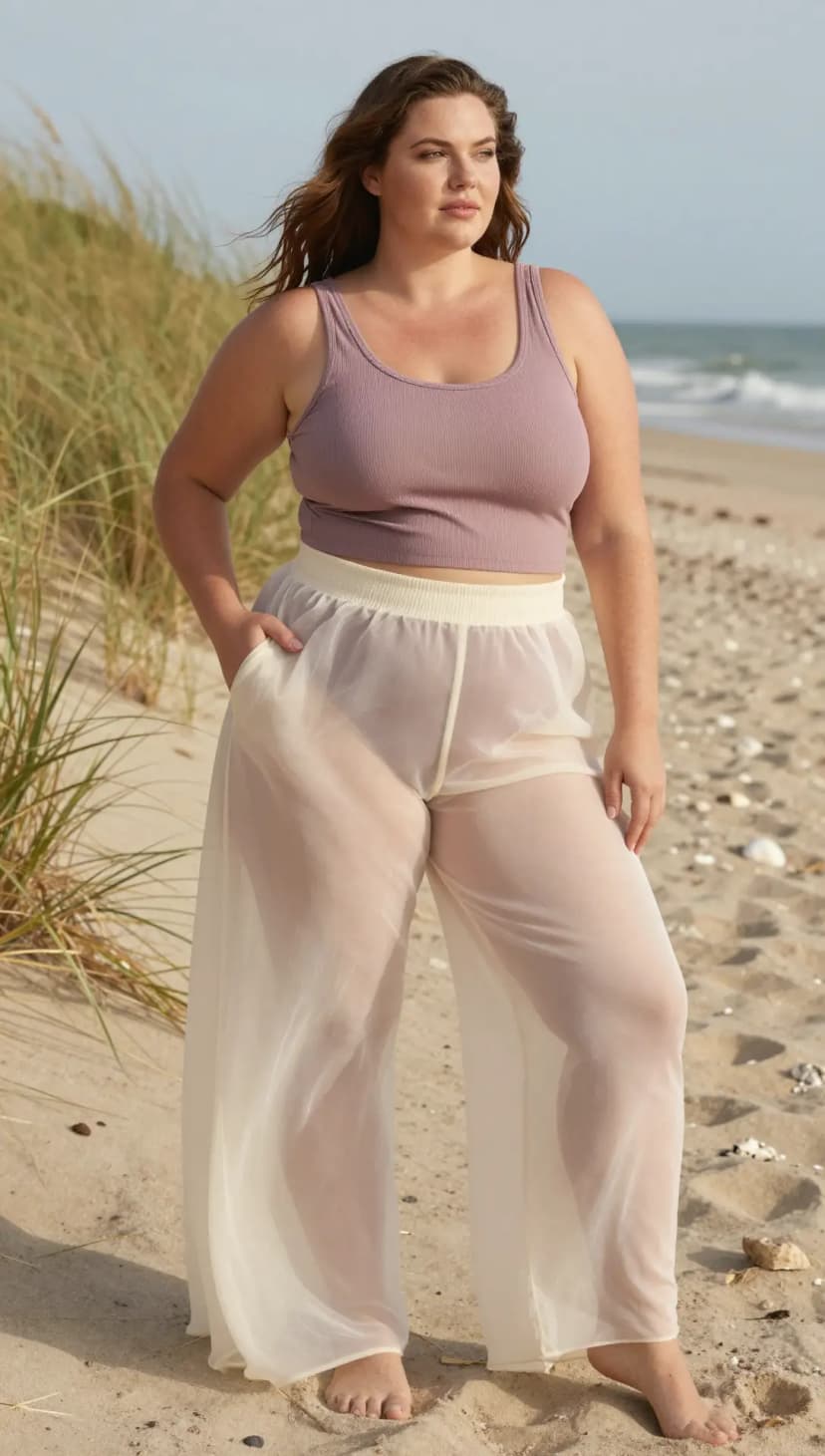 Mauve Ribbed Tank Top + Cream Sheer Wide-Leg Pants