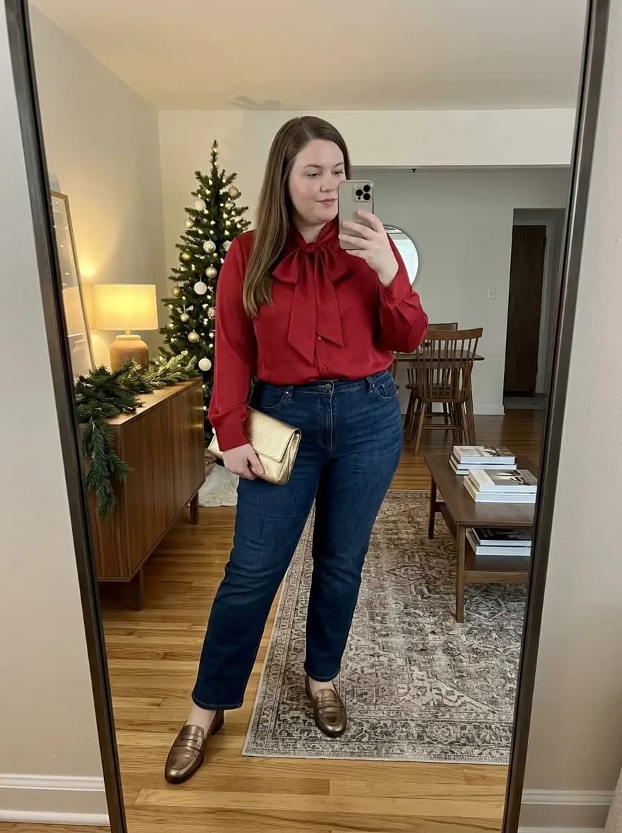 Red Bow Neck Blouse with Dark Wash Denim Jeans