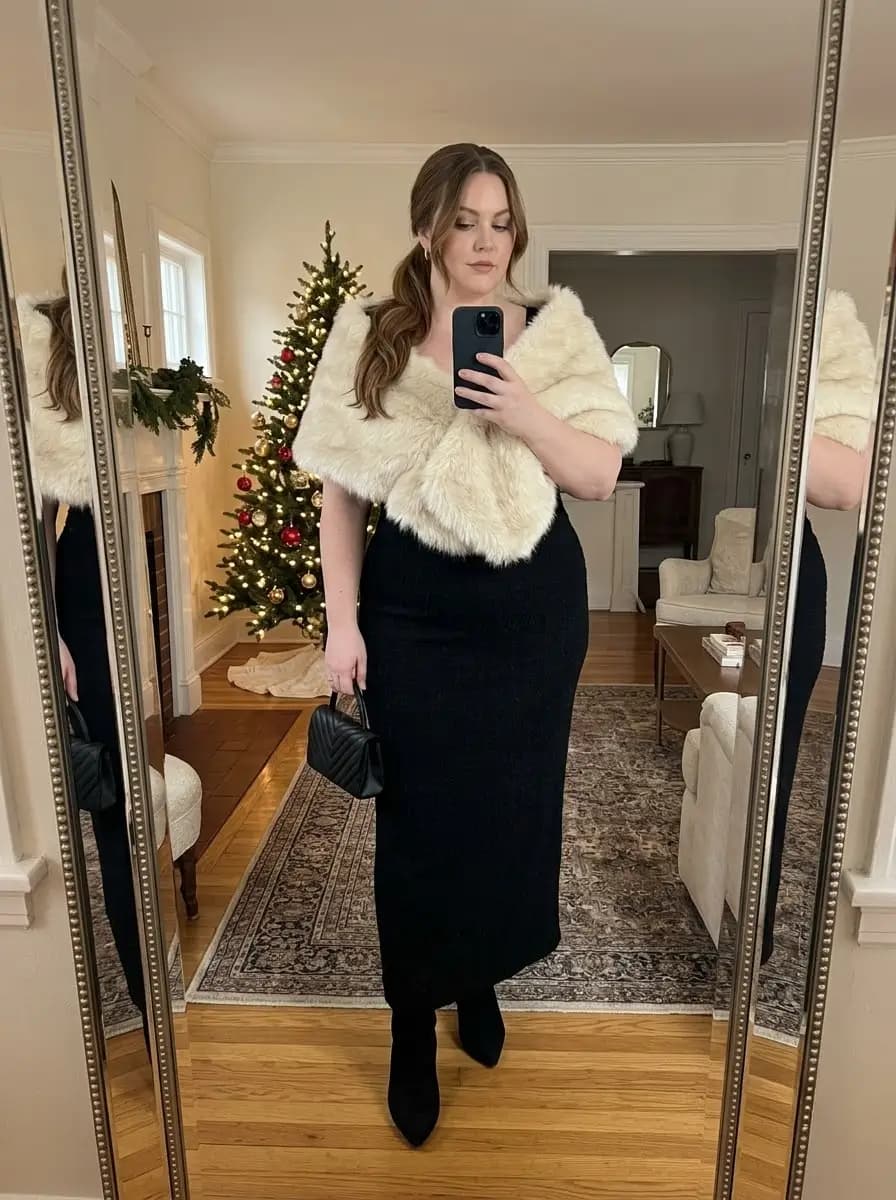 Black Textured Maxi Dress with Cream Faux Fur Stole