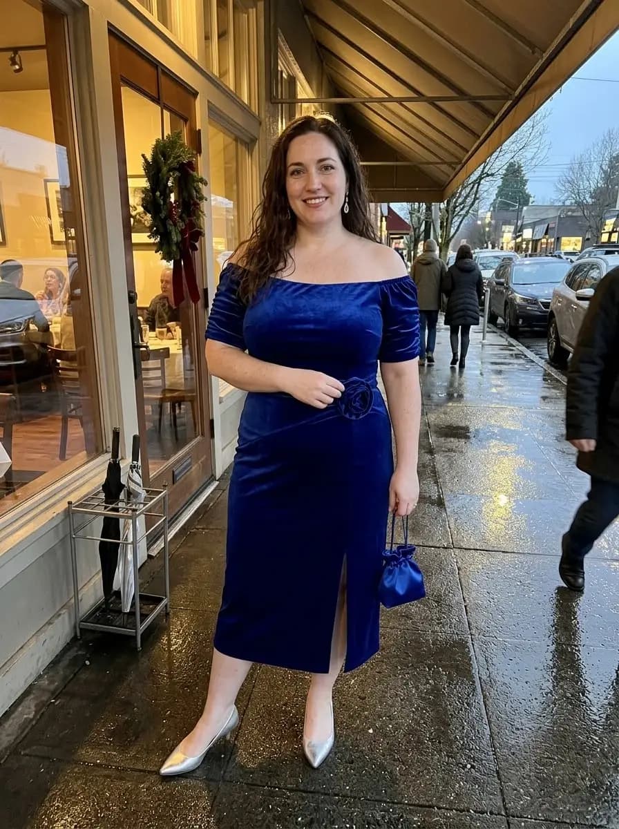 Royal Blue Velvet Off-Shoulder Midi Dress