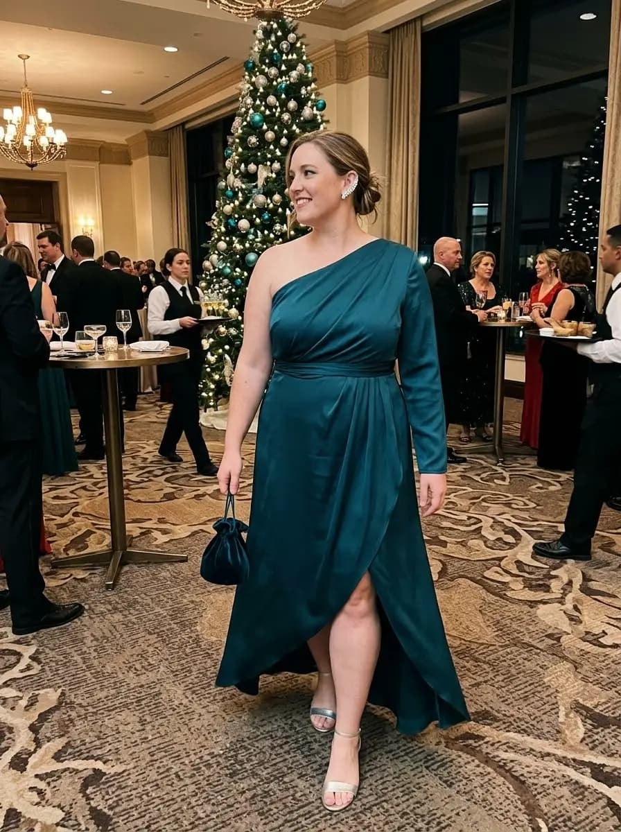 Teal One-Shoulder Draped Maxi Dress