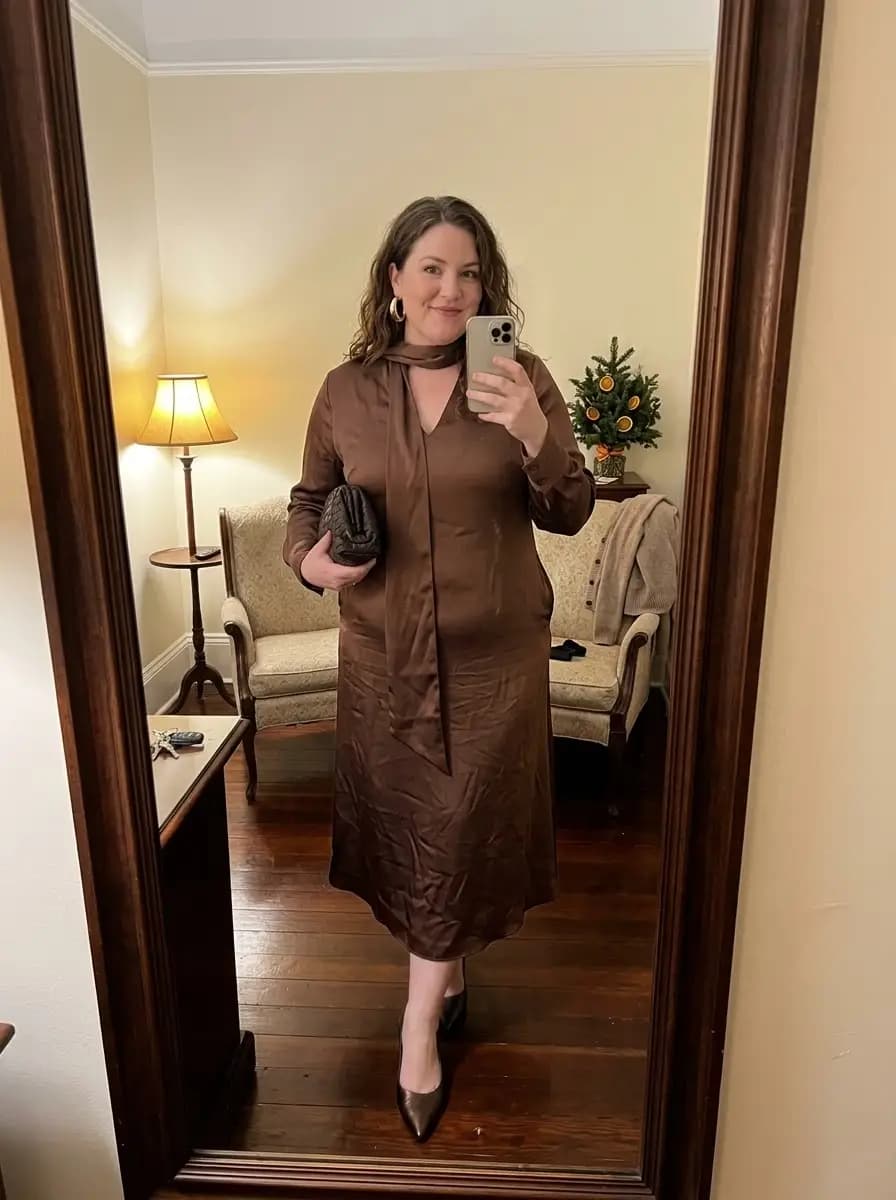 Brown Satin Tie-Neck Midi Dress