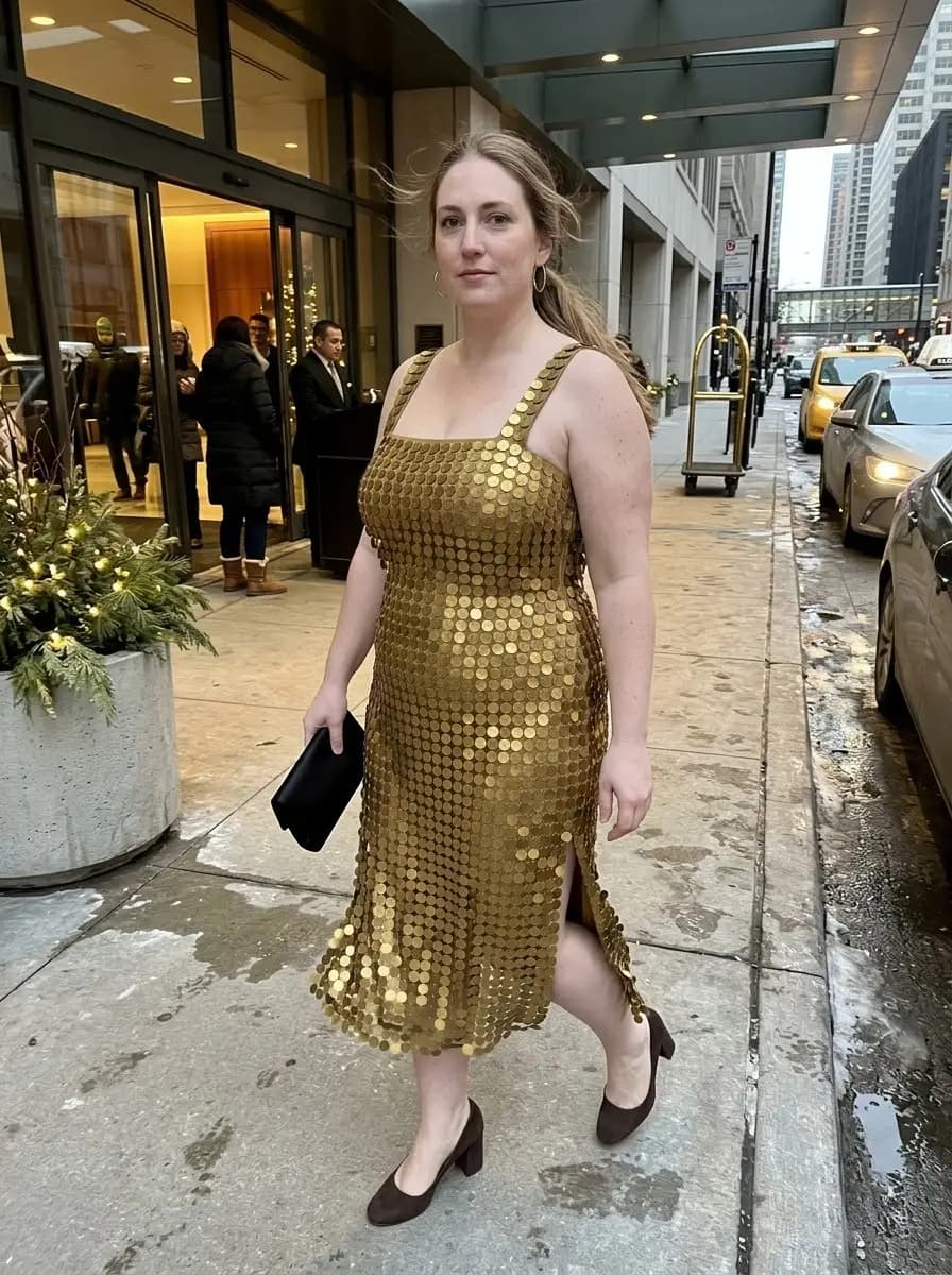 Gold Sequin Disc Midi Dress