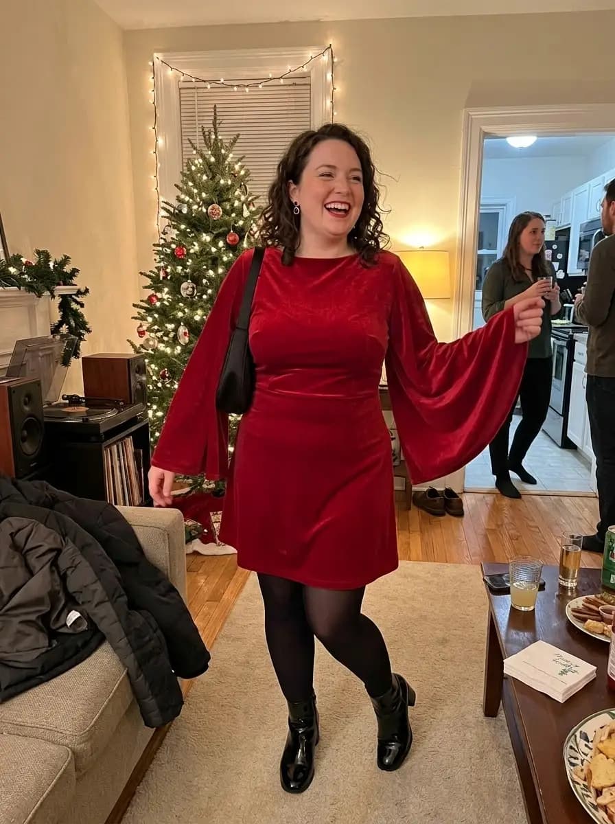 Red Velvet Bell-Sleeve Mini Dress