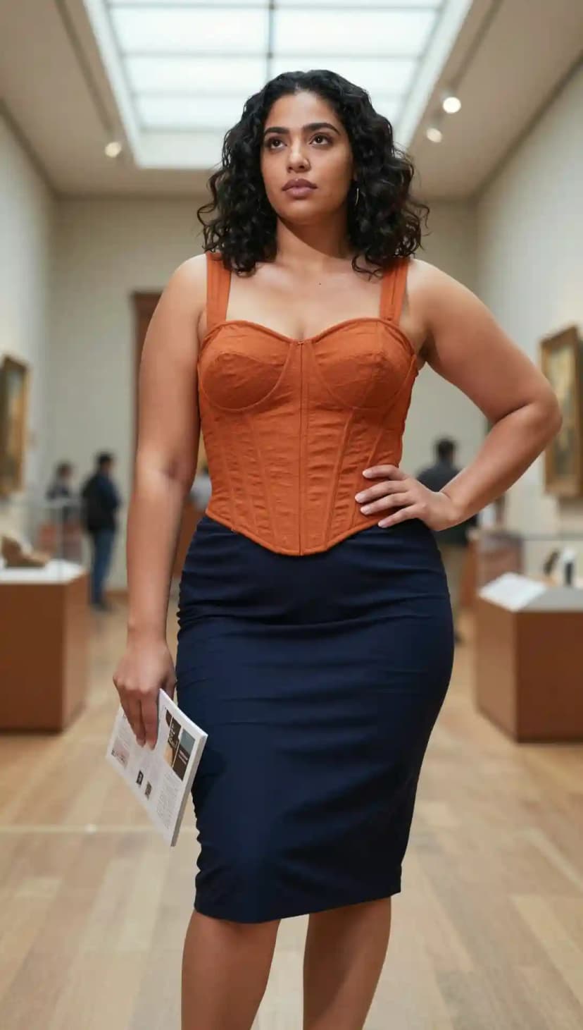 Rust Corset Top + Navy Pencil Skirt