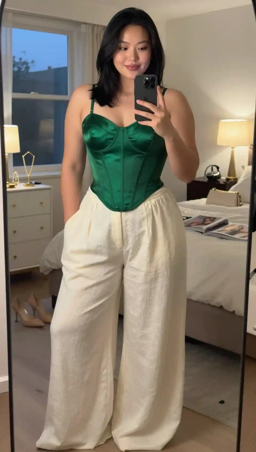 Emerald Green Satin Corset + Cream Wide-Leg Pants