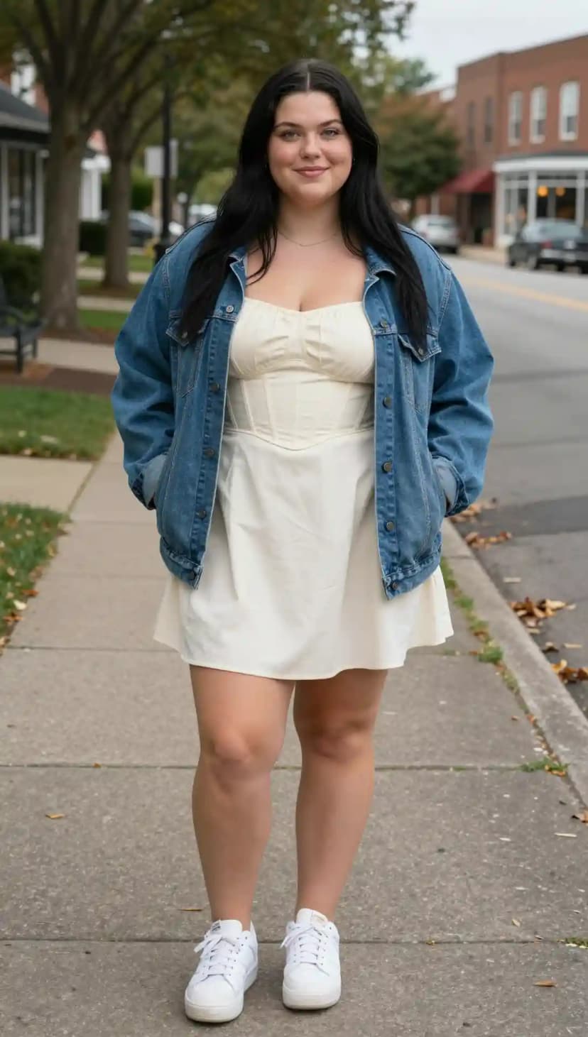 Cream Corset Top + Cream Mini Skirt + Denim Jacket