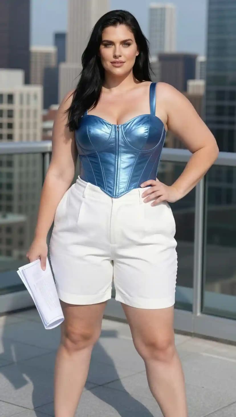 Blue Metallic Corset Top + White High-Waisted Shorts