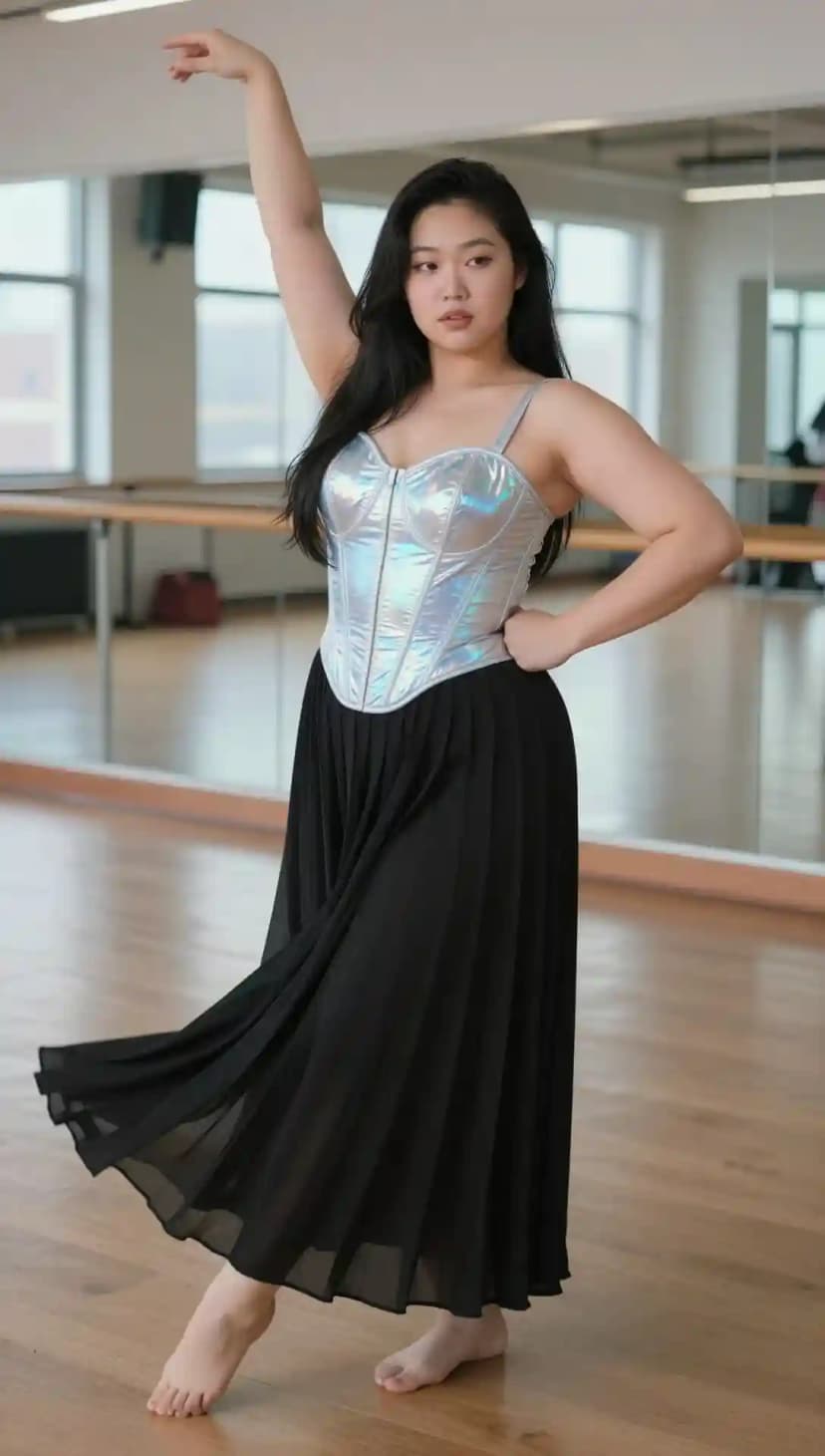 Holographic Corset Top + Black Pleated Maxi Skirt