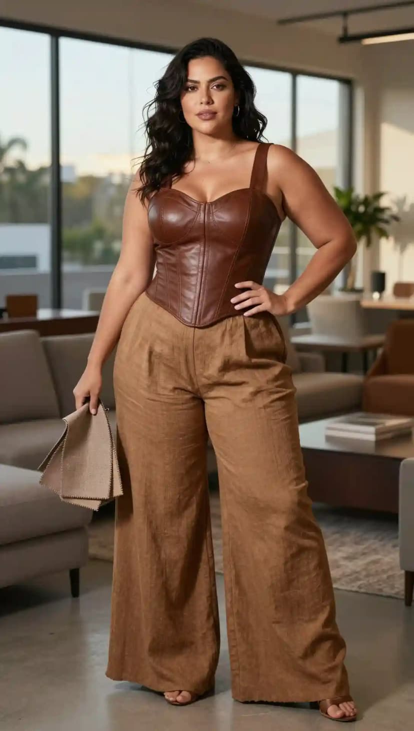 Brown Leather Corset Top + Brown Wide-Leg Linen Pants