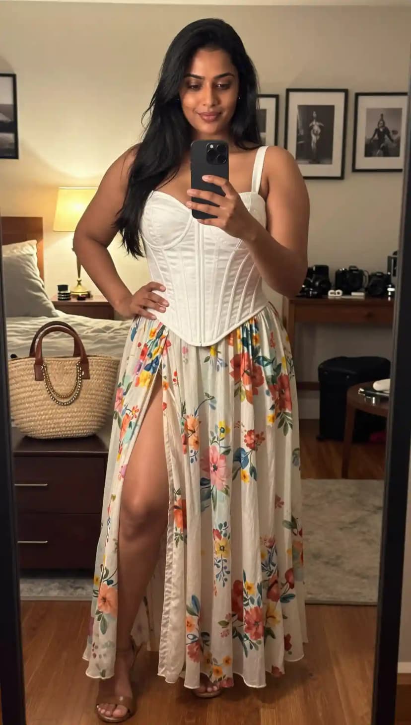 White Corset Top + Floral High-Slit Maxi Skirt