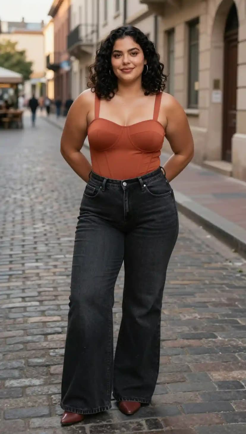 Rust Corset Top + Dark Wash Wide-Leg Jeans
