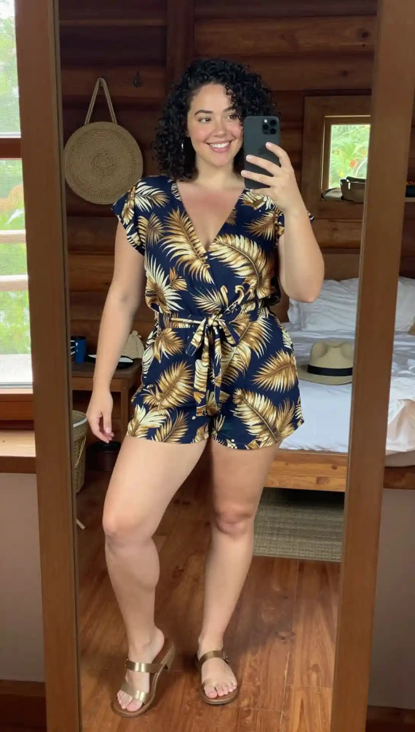 Navy Leaf Print Crepe Short Romper