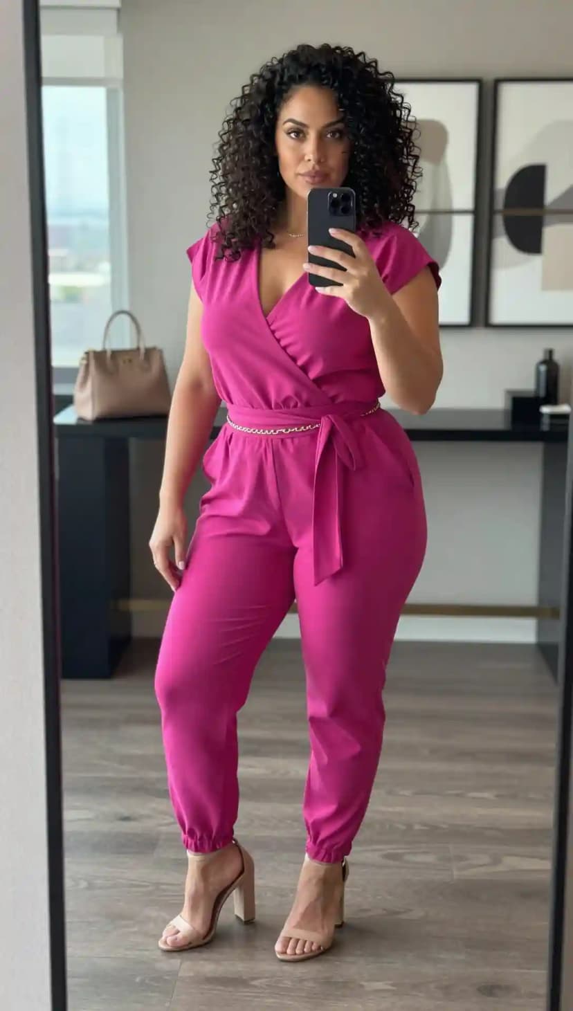 Fuchsia Crepe Wrap Jumpsuit + Gold Chain Belt