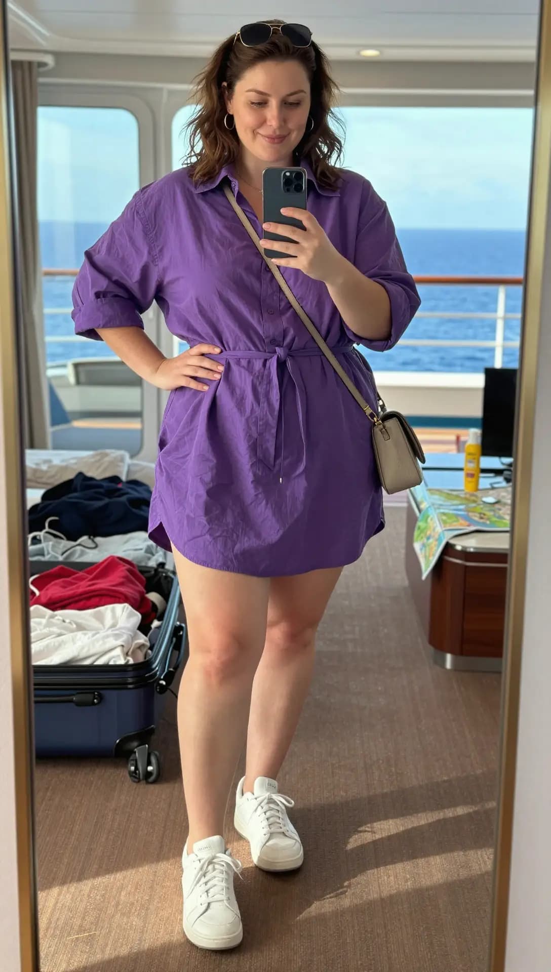 Purple Cotton Shirt Dress + White Leather Sneakers
