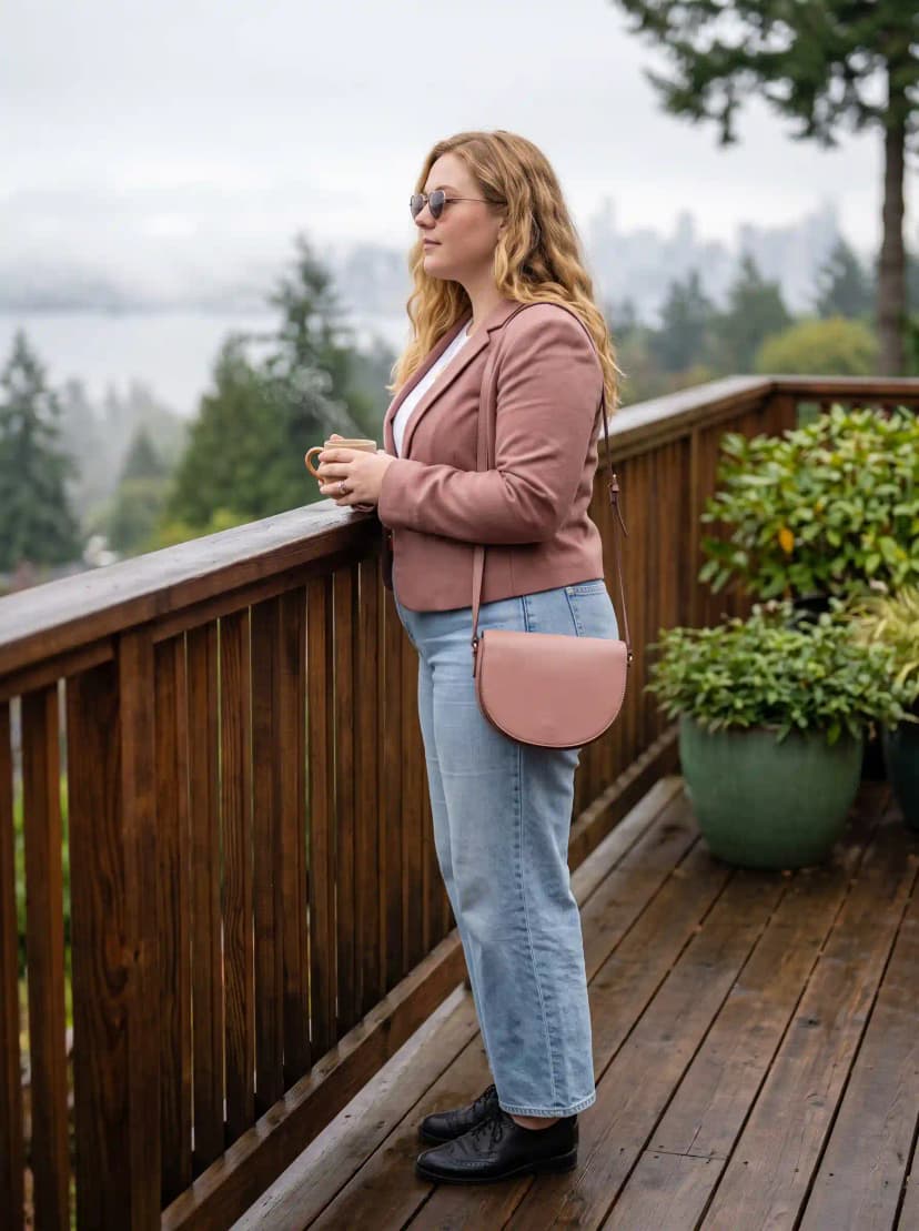 Dusty Rose Blazer + White Top + Light-Wash Cropped Jeans