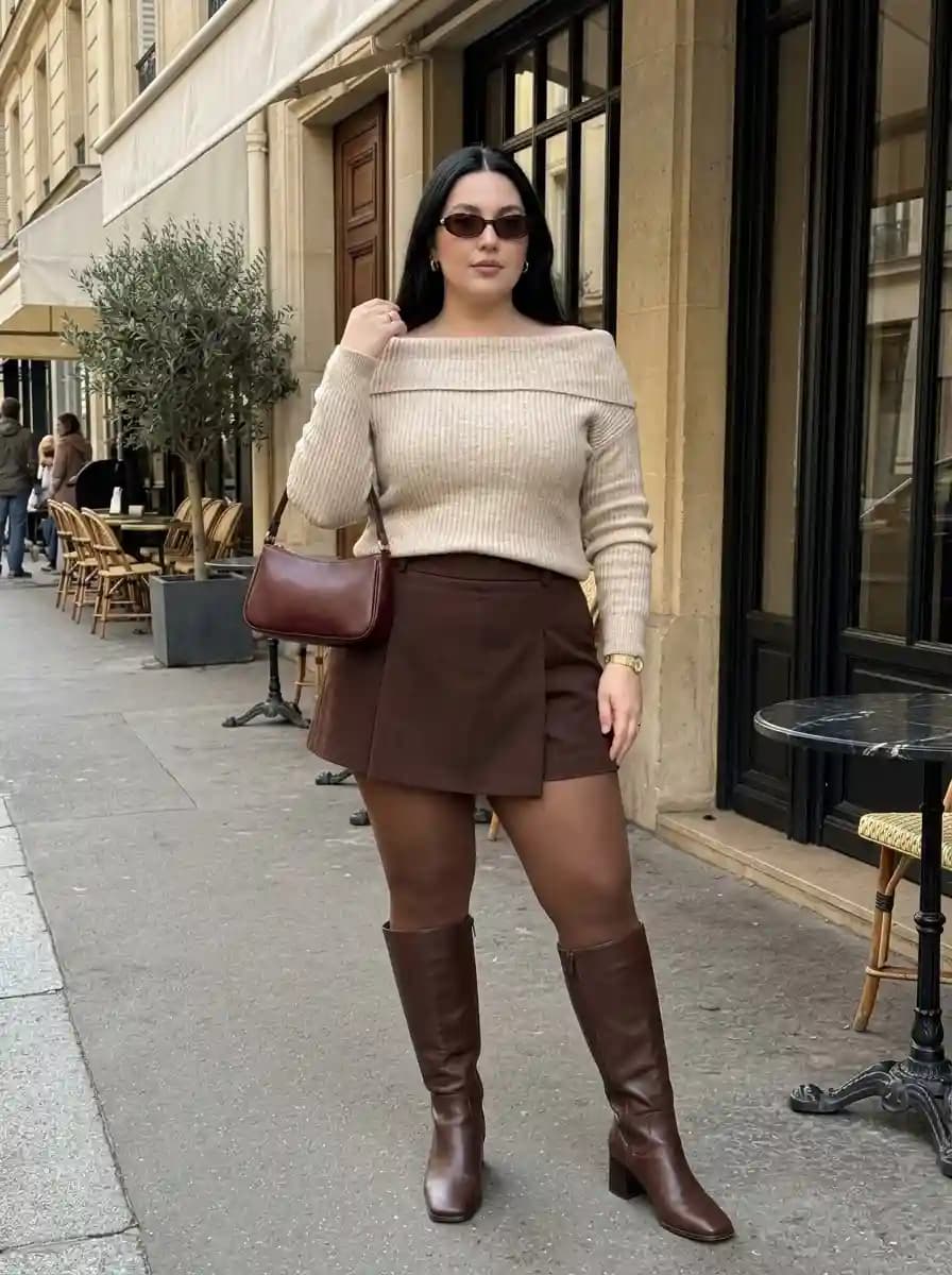 Cream Off-the-Shoulder Sweater with Brown Mini Skirt and Knee-High Boots
