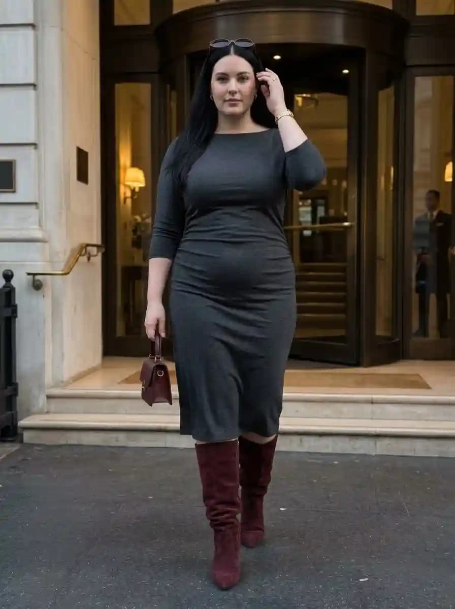 Charcoal 3/4 Sleeve Midi Dress with Burgundy Suede Over-the-Knee Boots