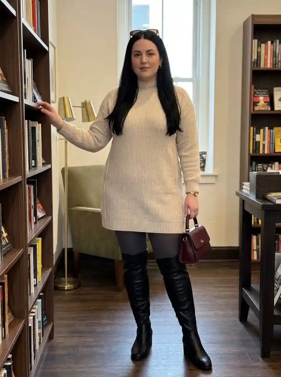 Cream Ribbed Turtleneck Sweater Dress with Black Over-the-Knee Boots