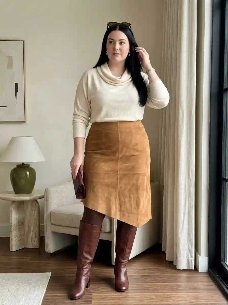 Cream Cowl-Neck Sweater with Camel Suede Midi Skirt and Brown Boots
