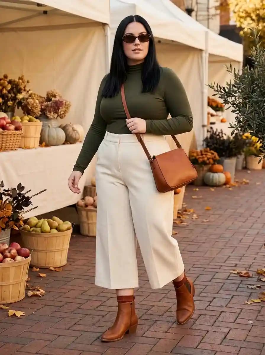 Olive Turtleneck with Cream Wide-Leg Culottes and Tan Ankle Boots