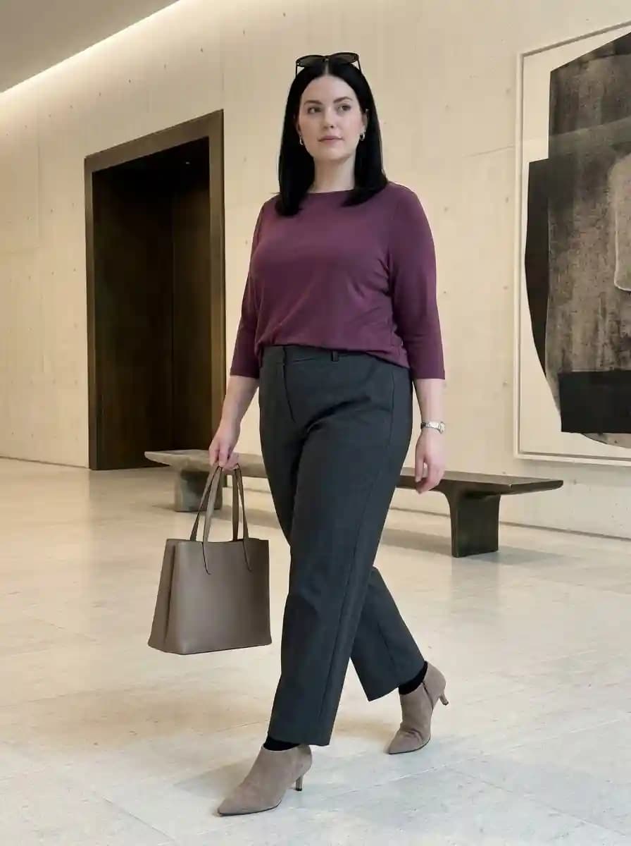 Burgundy 3/4 Sleeve Top with Charcoal Tailored Trousers and Taupe Suede Ankle Boots