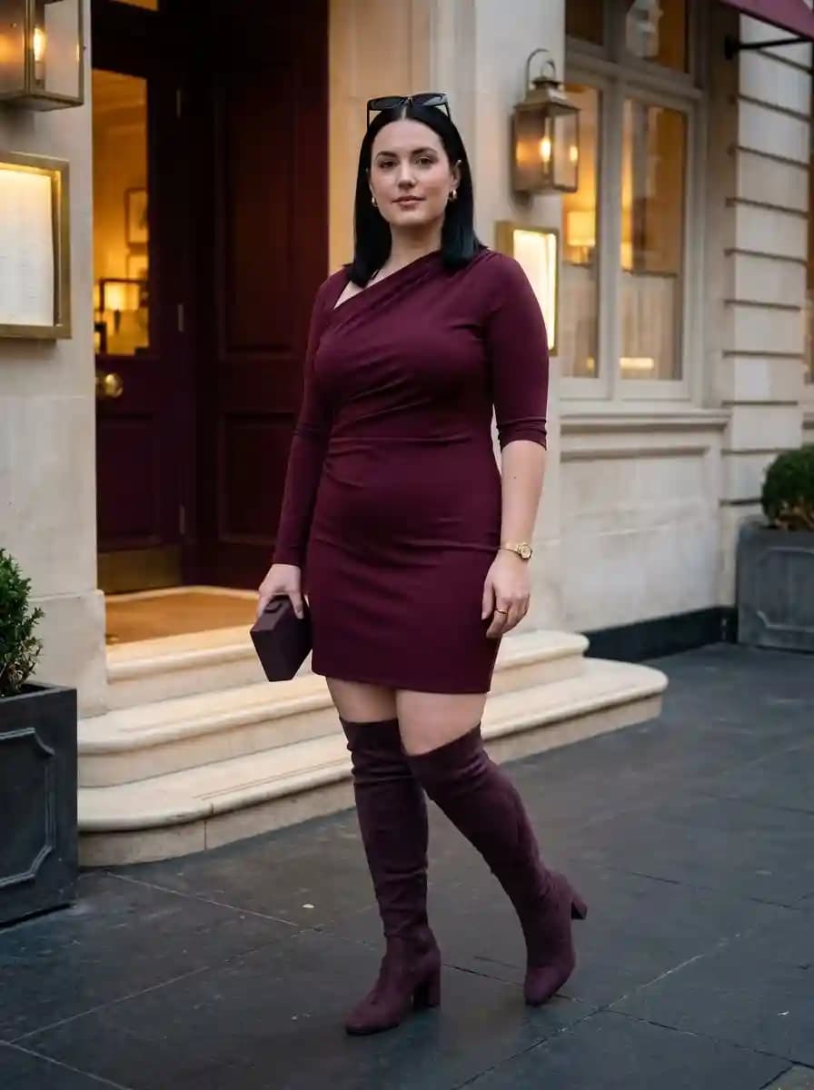 Burgundy Wine Bodycon Short Dress with Knee-High Boots