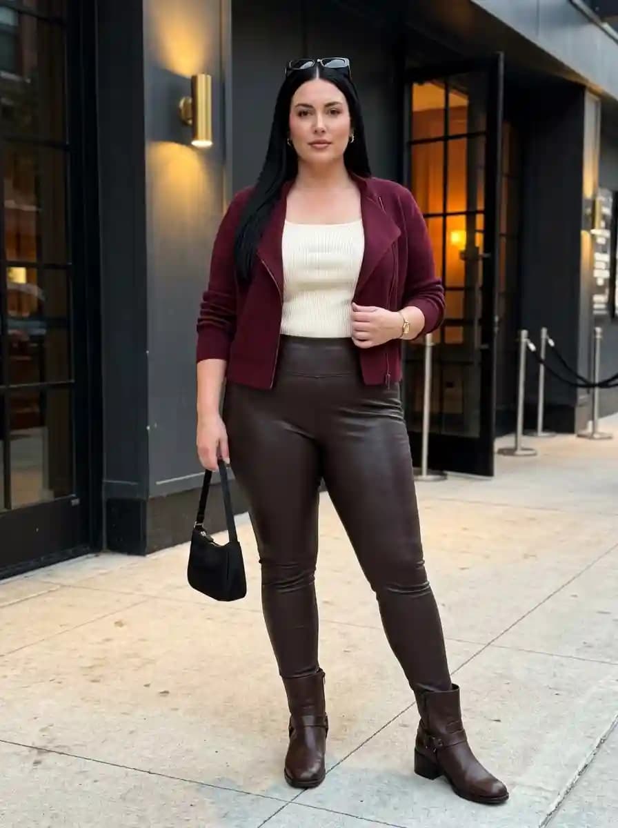 Burgundy Moto Jacket with White Ribbed Tank and Dark Brown Faux Leather Leggings
