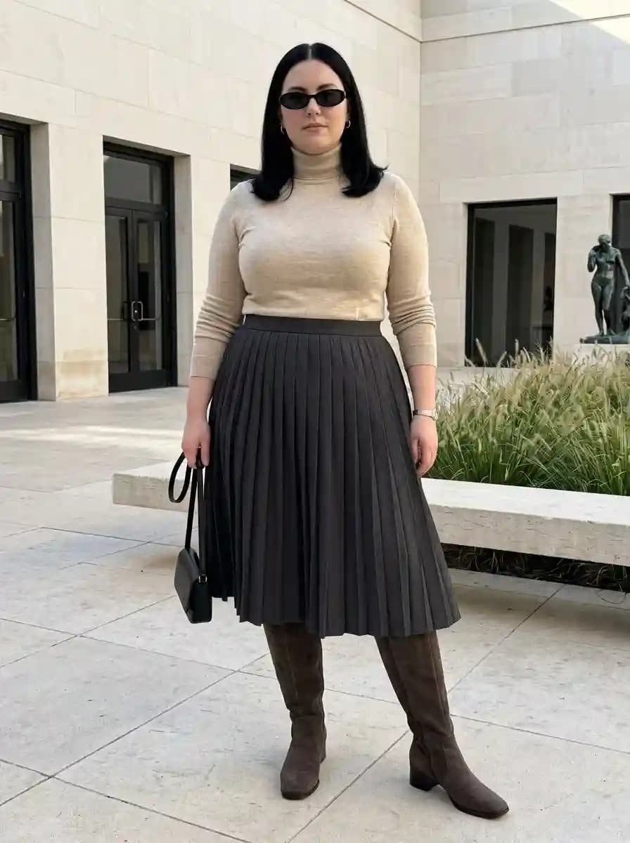 Beige Mock Neck Sweater with Charcoal Pleated Midi Skirt and Dark Taupe Knee-High Boots