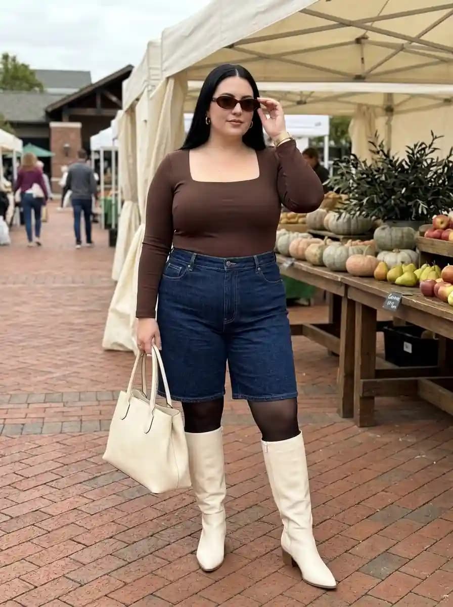 Brown Square-Neck Top with Dark Denim Shorts and Cream Knee-High Boots