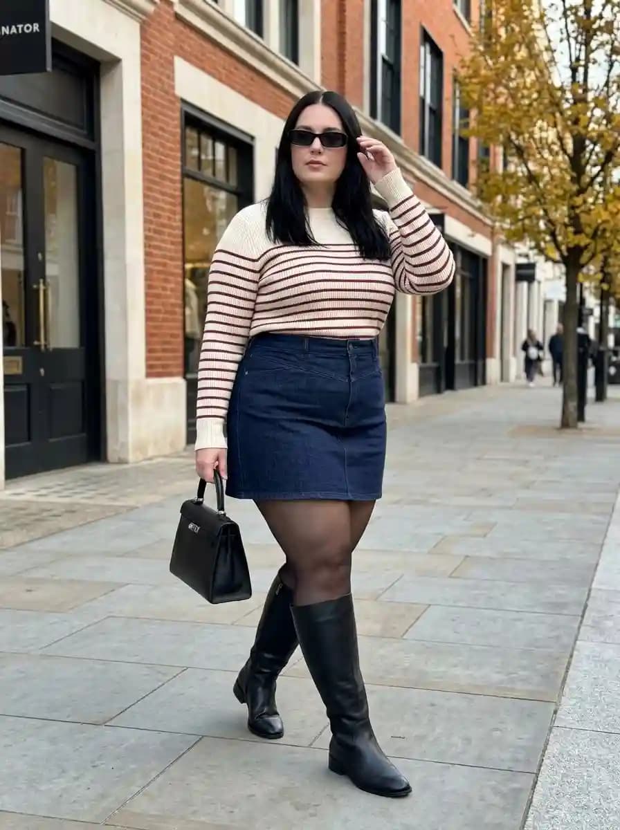 Striped Knit Sweater with Dark Denim Mini Skirt and Black Knee-High Boots