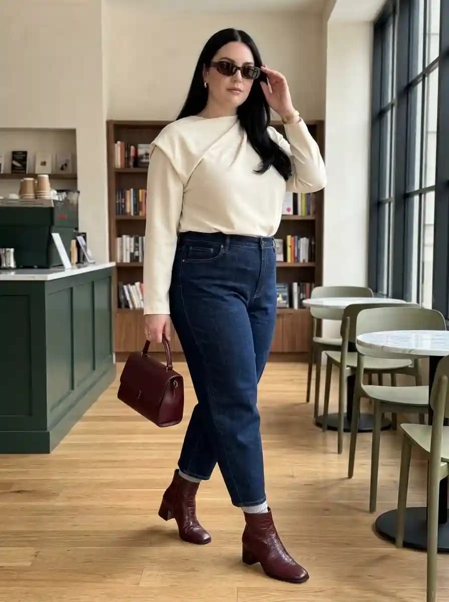 Draped Neck Top with Straight-Leg Jeans and Fall Boots