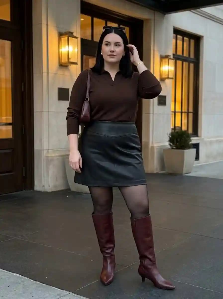 Brown Collared Polo Top with Black Leather Mini Skirt and Burgundy Boots