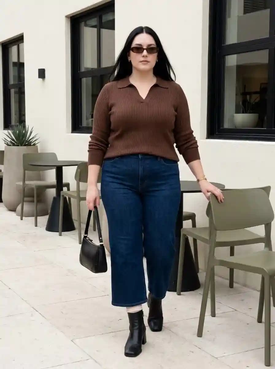 Brown Collared V-Neck Sweater with Dark Wide-Leg Jeans and Black Ankle Boots