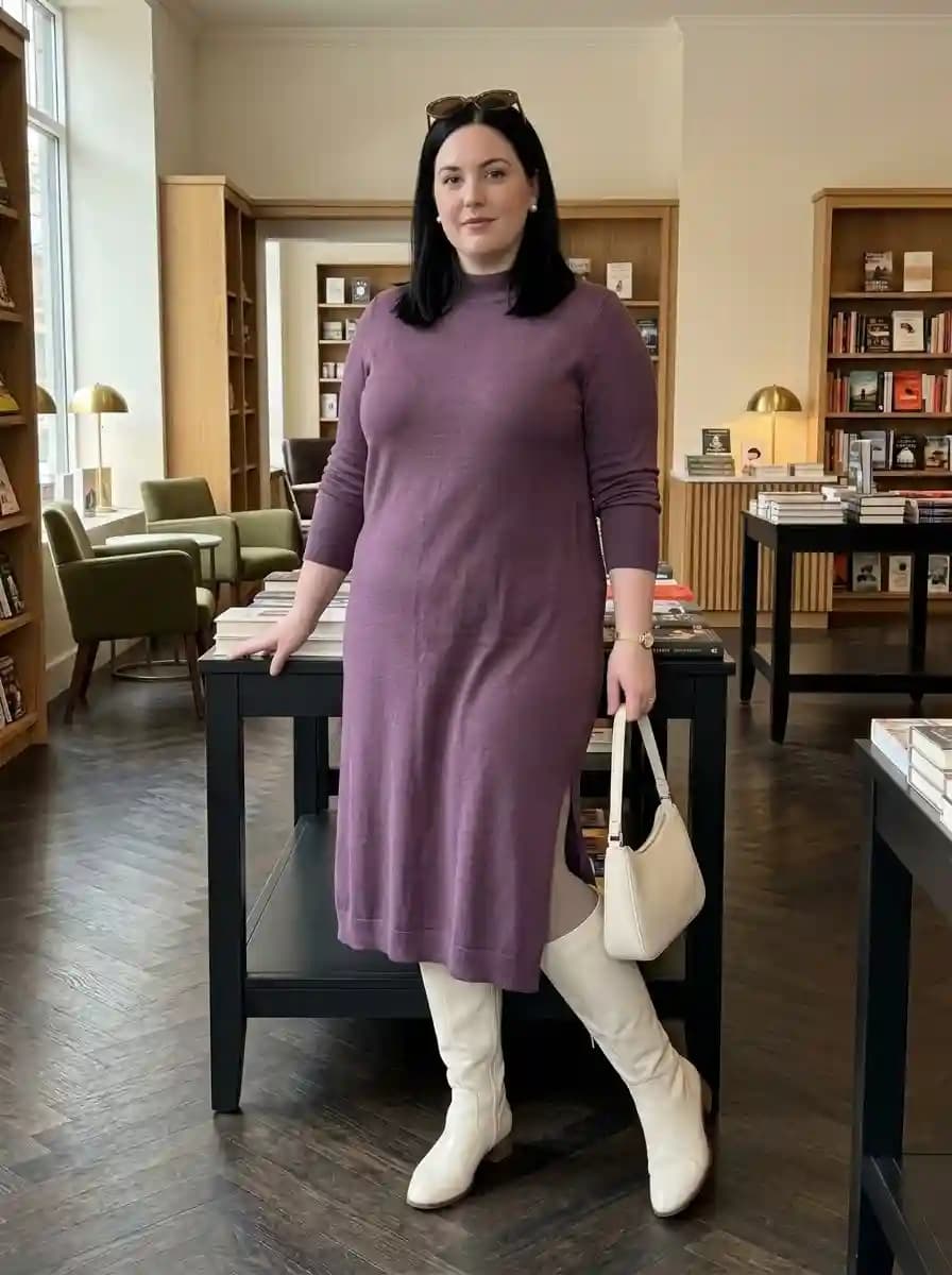 Dusty Mauve Mock-Neck Sweater Dress with Cream Knee-High Boots