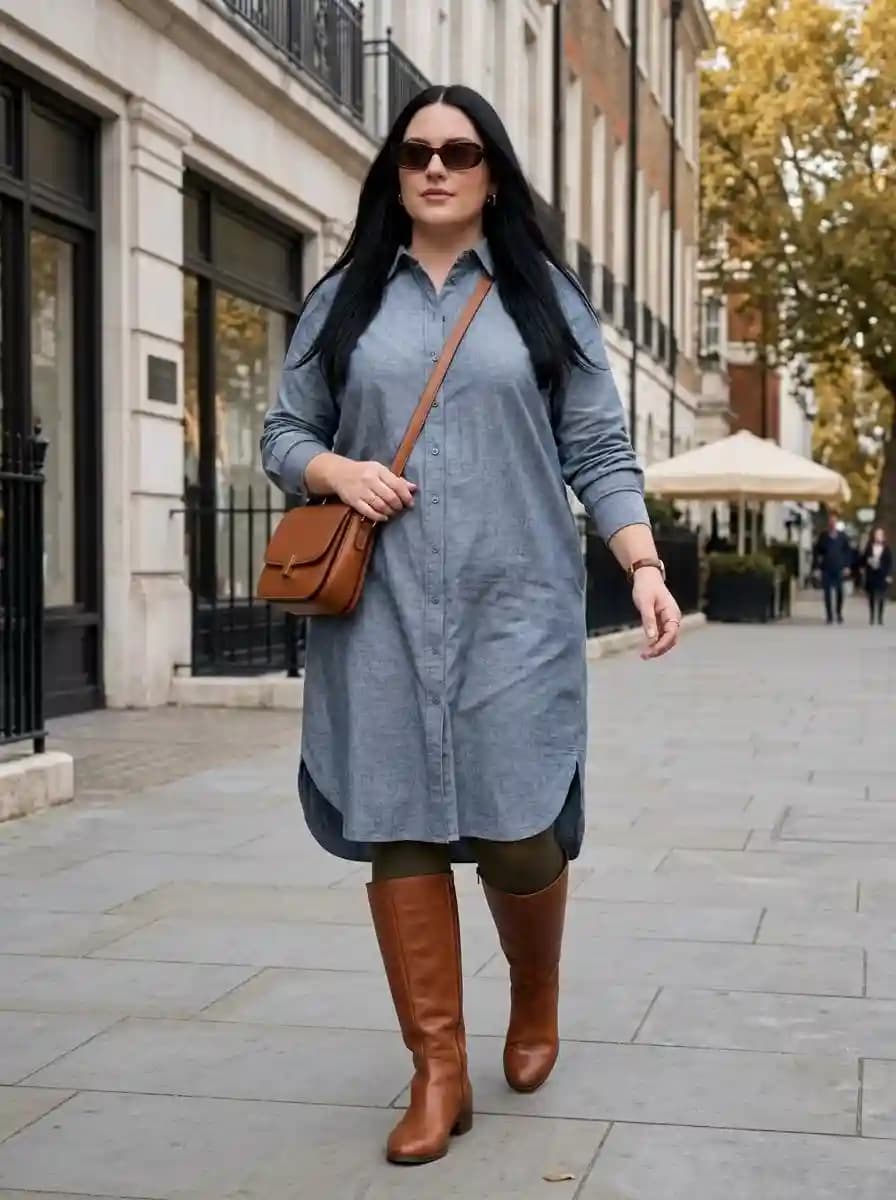 Light Blue Chambray Shirt Dress with Olive Tights and Cognac Boots