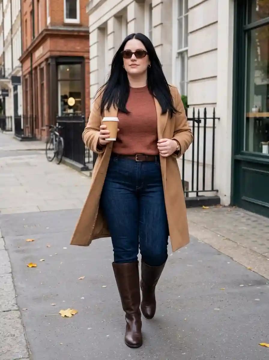 Camel Wool Coat with Rust Sweater and Dark Brown Knee-High Boots
