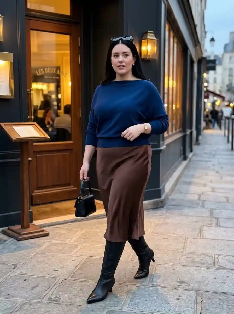 Boat-Neck Sweater with Satin Midi Skirt and Knee-High Boots