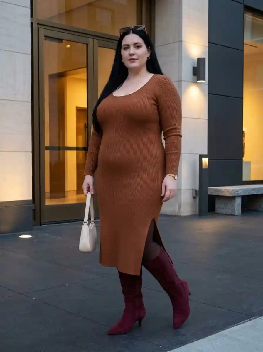 Rust Ribbed Knit Midi Dress with Burgundy Ankle Boots