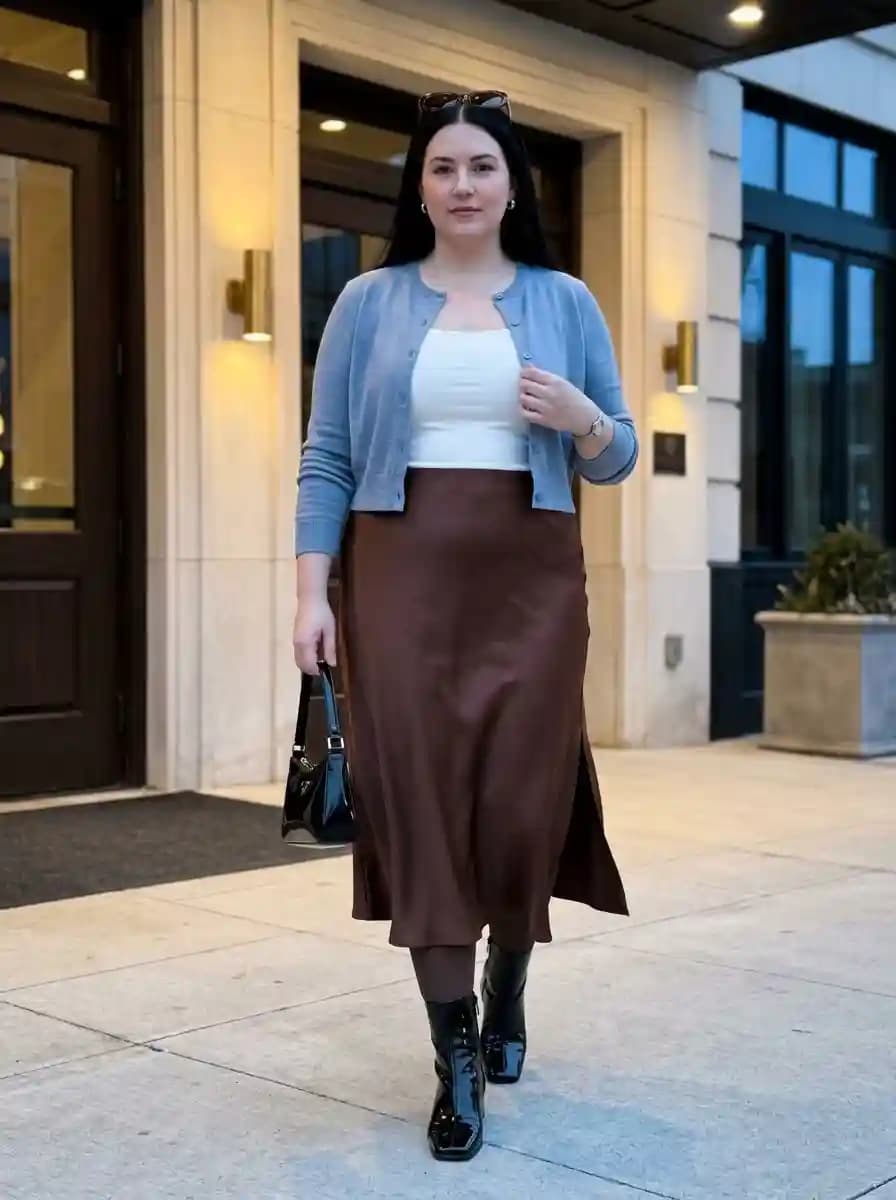 Light Blue Cropped Cardigan with White Tank and Dark Brown Satin Midi Skirt