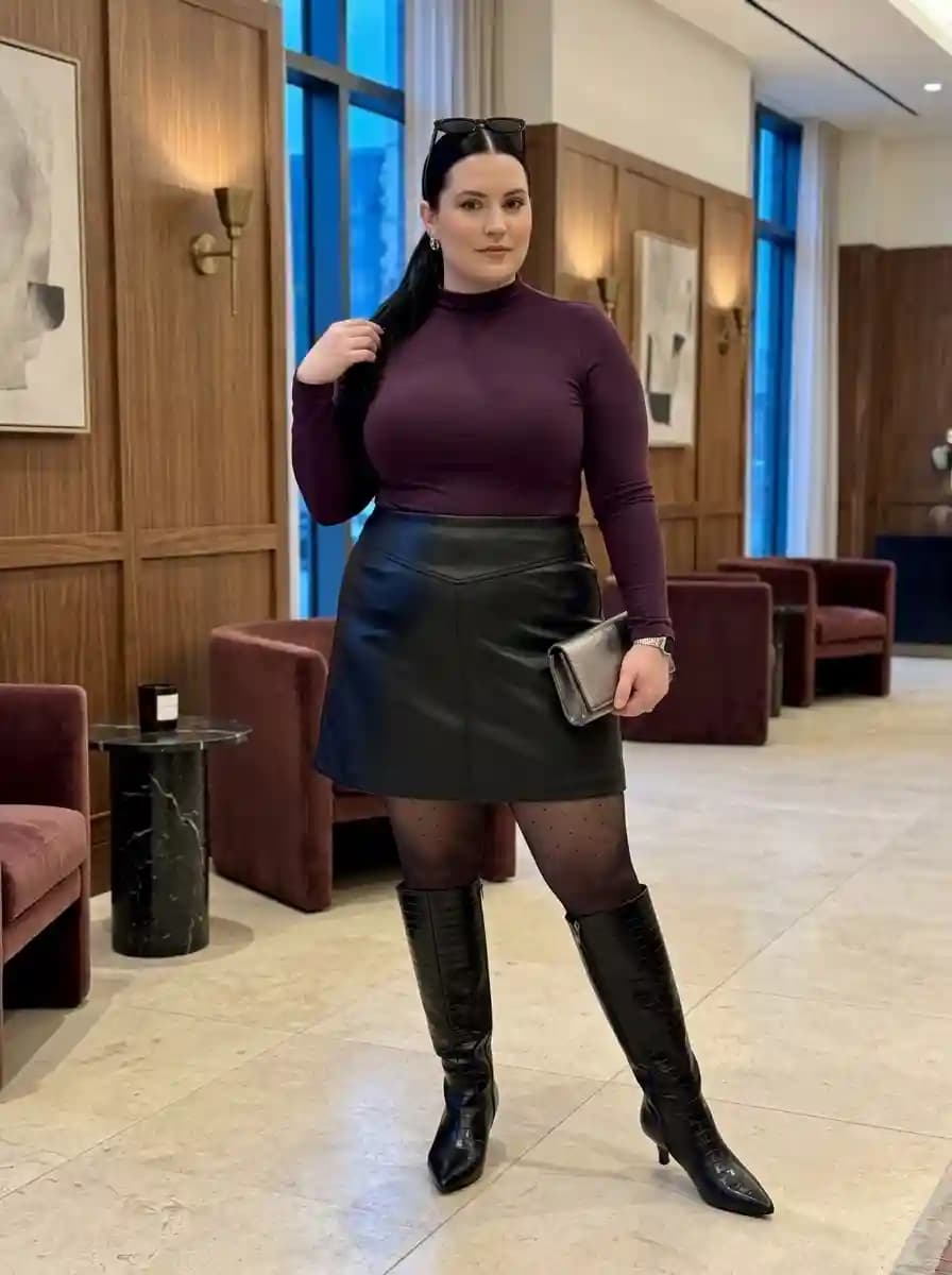 Burgundy Mock-Neck Top with Black Leather Mini Skirt and Croc-Embossed Boots