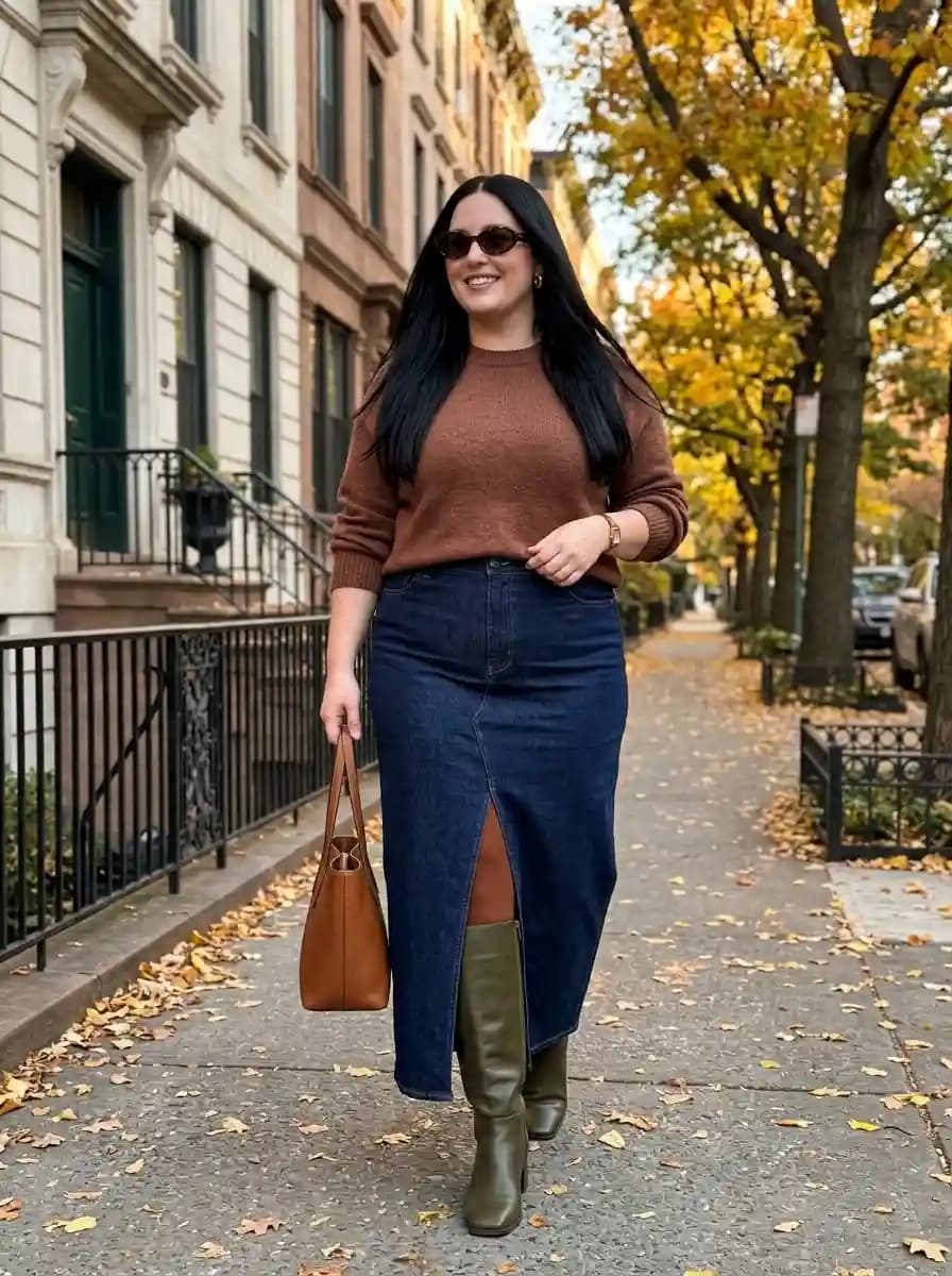 Camel Crew-Neck Sweater with Dark Denim Maxi Skirt and Olive Green Knee-High Boots