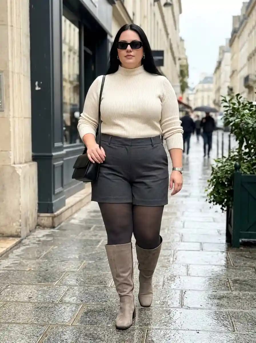 Cream Mock-Neck Sweater with Charcoal Wool Shorts and Taupe Suede Boots