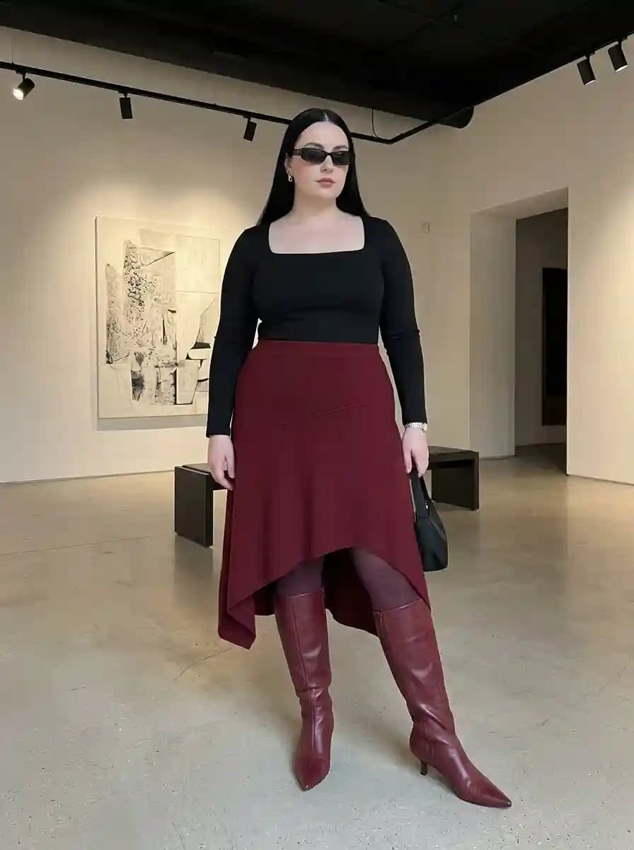 Black Square-Neck Top with Burgundy Asymmetrical Midi Skirt and Wine Boots
