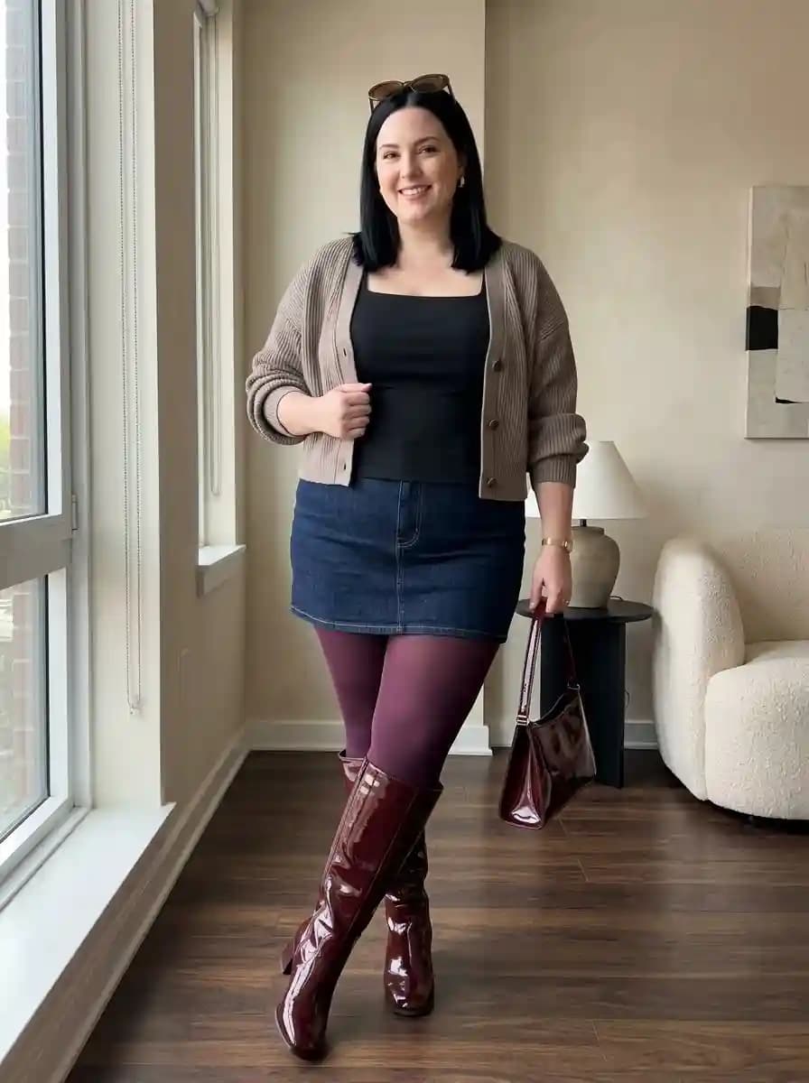 Taupe Cropped Cardigan with Black Tank and Denim Mini Skirt
