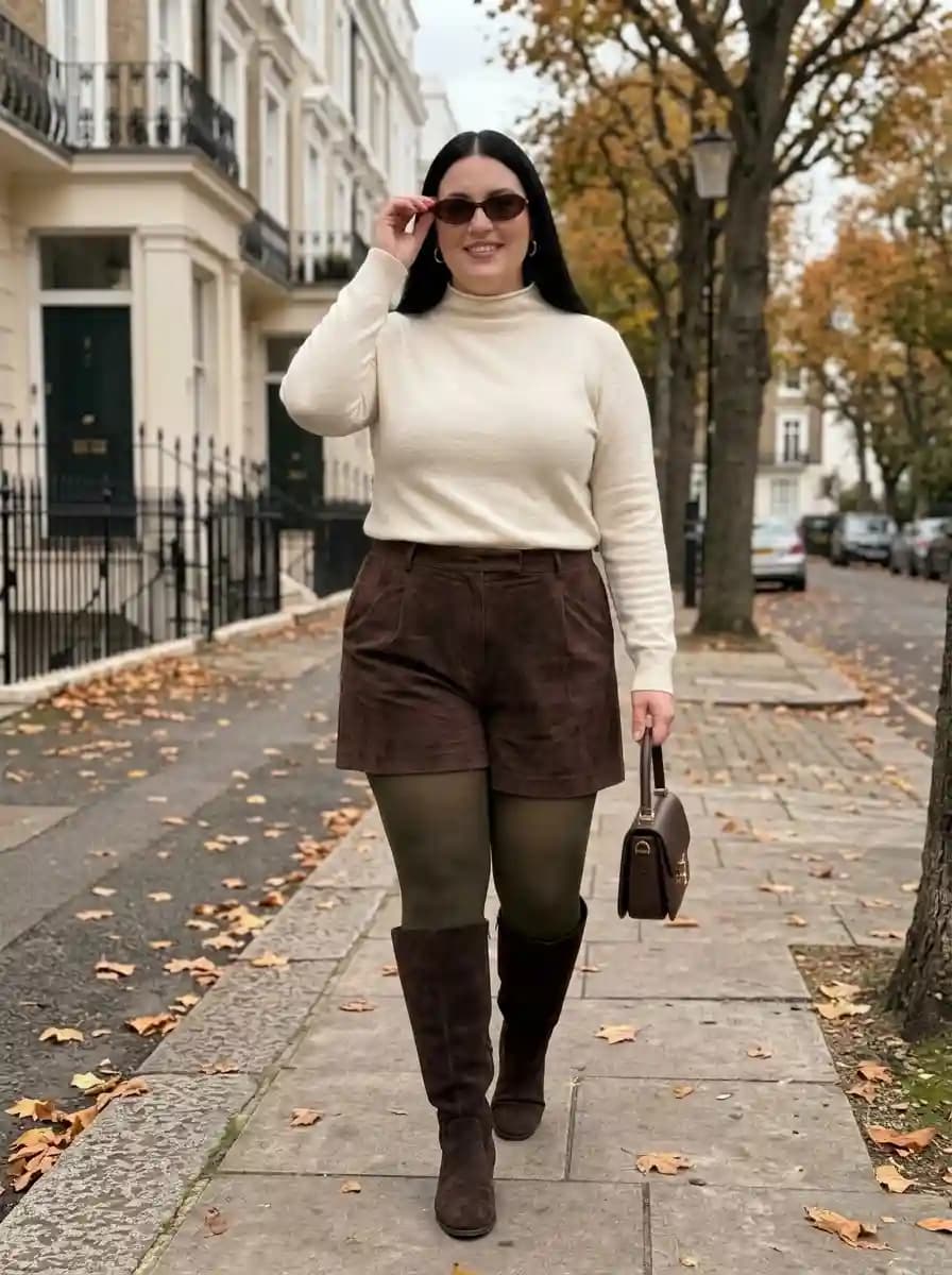 Cream Turtleneck Sweater with Dark Brown Suede Shorts and Matching Suede Boots