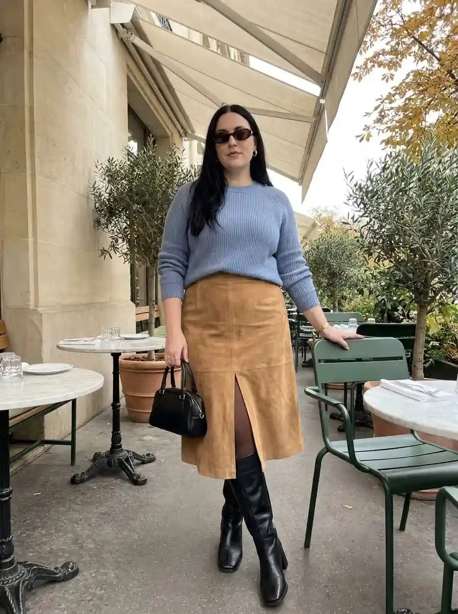 Periwinkle Crew-Neck Sweater with Tan Suede Midi Skirt and Black Boots
