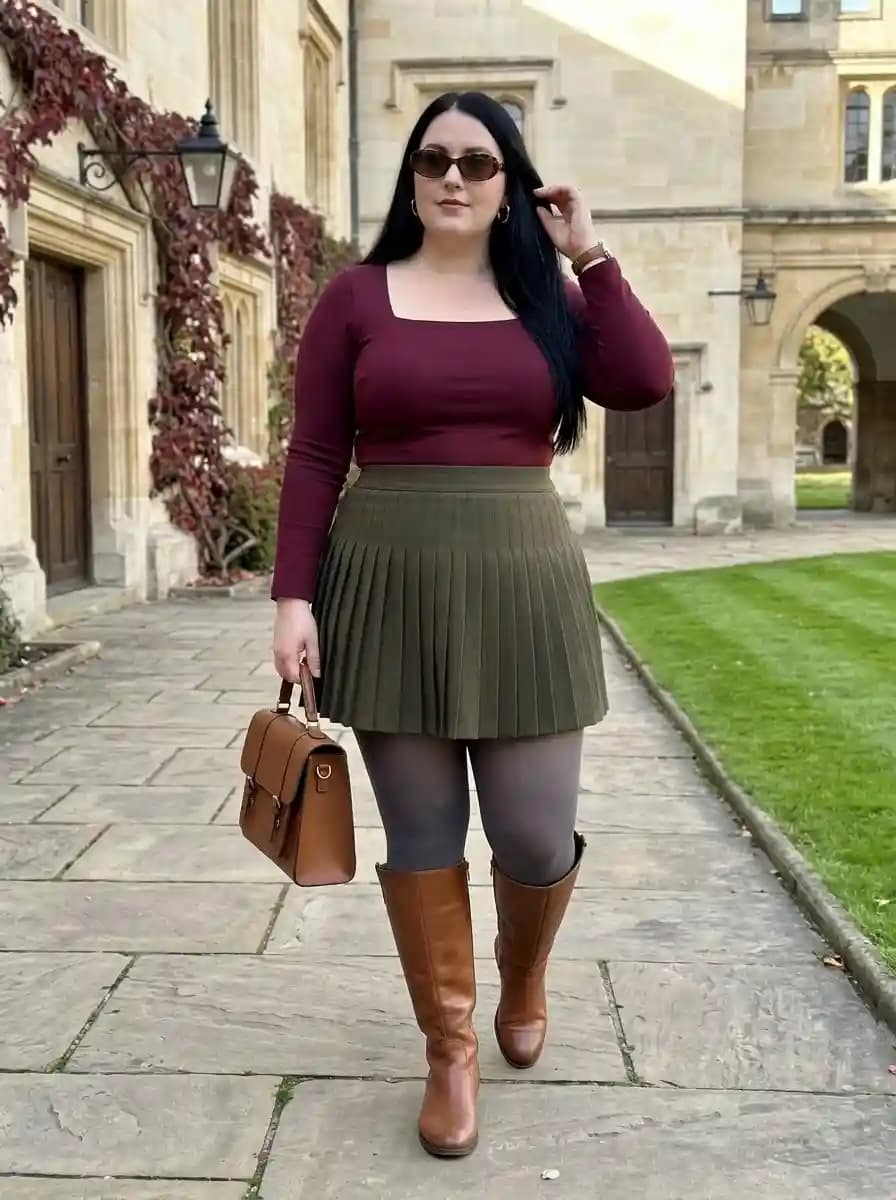 Burgundy Square-Neck Top with Olive Pleated Mini Skirt and Cognac Boots