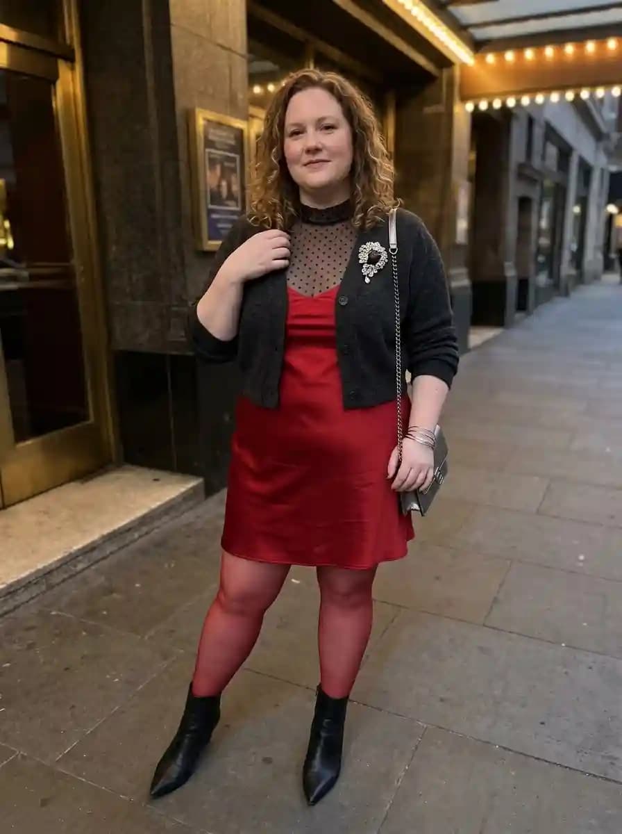 Sheer Polka Dot Blouse + Red Slip Dress + Black Cardigan